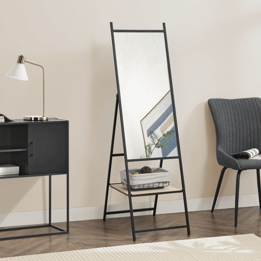 Espelho de pé de corpo inteiro Chamois com 1 prateleira metálica MDF 150 x 44 x 60 cm - Efeito preto e carvalho en.casa.