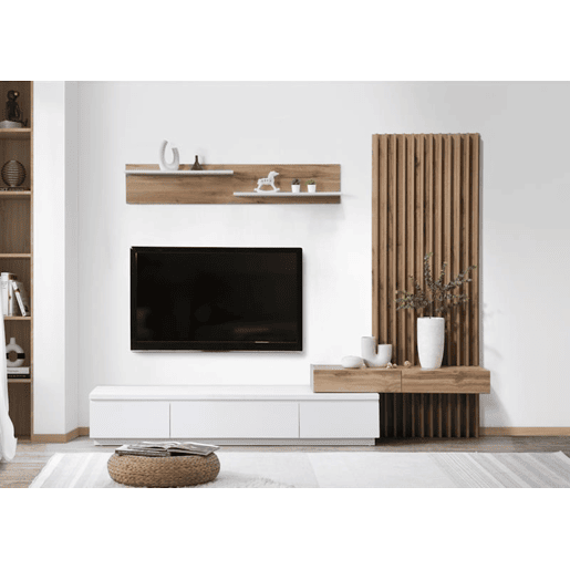 Conjunto de jantar com mesa de TV e painéis 250x200 cm - Branco e Carvalho - Venprodin