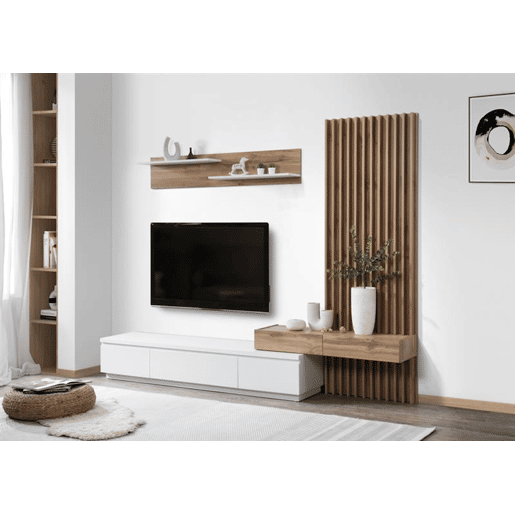 Conjunto de jantar com mesa de TV e painéis 250x200 cm - Branco e Carvalho - Venprodin