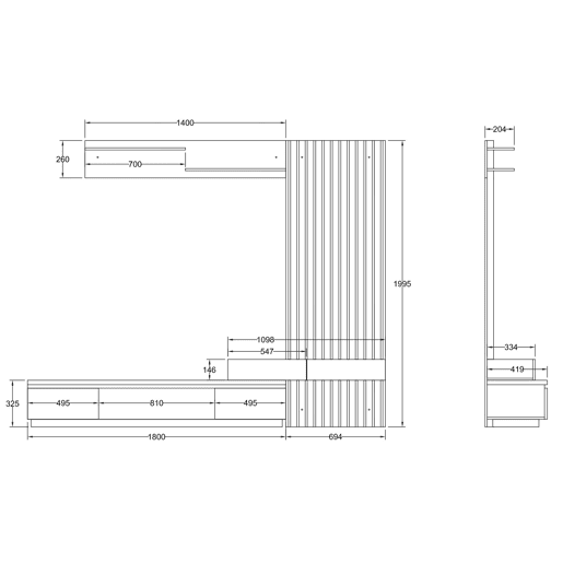 Conjunto de jantar com mesa de TV e painéis 250x200 cm - Branco e Carvalho - Venprodin