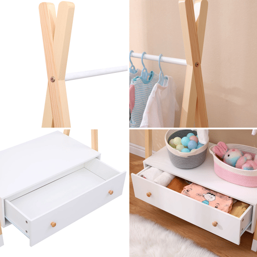 Bengaleiro branco e de madeira com gaveta para crianças LOU 80×40×130 cm Bengaleiro branco e de madeira com gaveta para crianças LOU 80×40×130 cm
