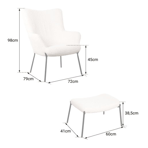 Cadeirão em tecido bouclette bege com apoio para os pés EIRA 79x72 x98cm