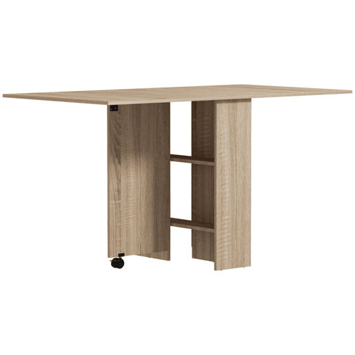 HOMCOM Mesa de Sala de Jantar Dobrável Mesa de Madeira com 2 Prateleiras de Armazenamento e Rodas para Cozinha 75x140x74 cm Madeira