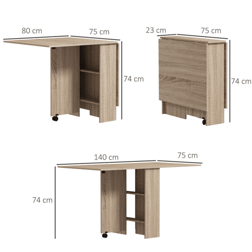 HOMCOM Mesa de Sala de Jantar Dobrável Mesa de Madeira com 2 Prateleiras de Armazenamento e Rodas para Cozinha 75x140x74 cm Madeira