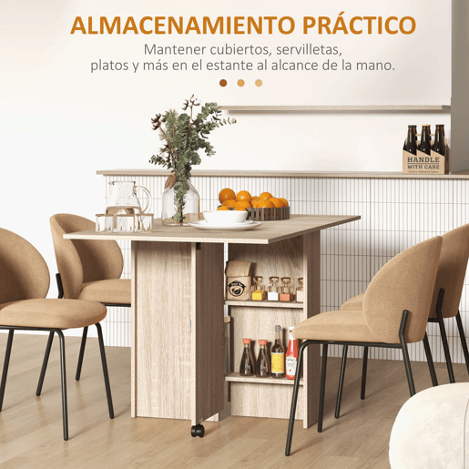 HOMCOM Mesa de Sala de Jantar Dobrável Mesa de Madeira com 2 Prateleiras de Armazenamento e Rodas para Cozinha 75x140x74 cm Madeira