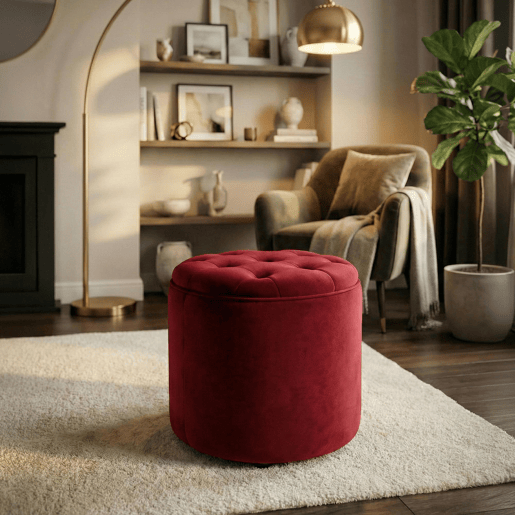 Puff De Almacenaje Redondo Pantin Terciopelo Rojo 44X44X42 cm