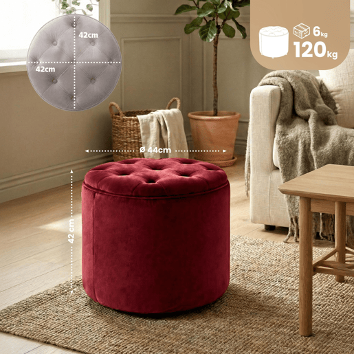 Puff De Almacenaje Redondo Pantin Terciopelo Rojo 44X44X42 cm