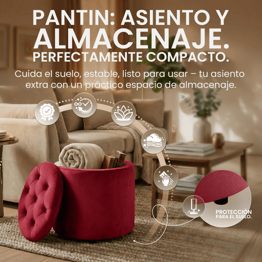 Puff De Almacenaje Redondo Pantin Terciopelo Rojo 44X44X42 cm
