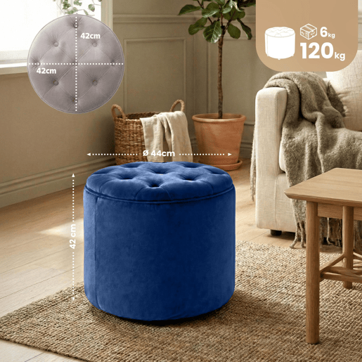 Puff De Almacenaje Redondo Pantin Terciopelo Azul 44X44X42 cm