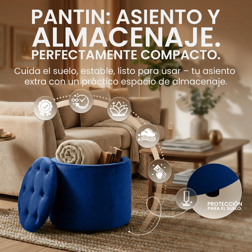 Puff De Almacenaje Redondo Pantin Terciopelo Azul 44X44X42 cm