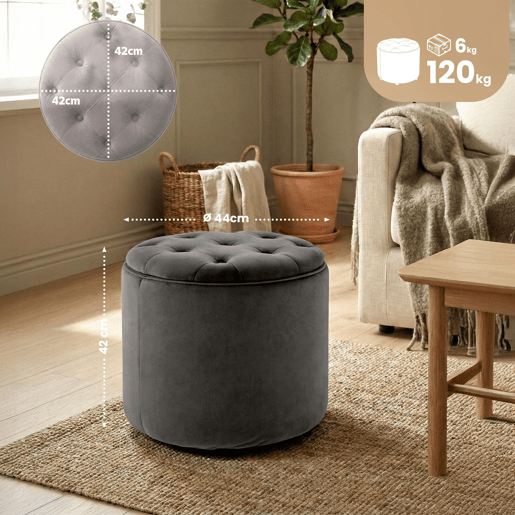 Puff De Almacenaje Redondo Pantin Terciopelo Gris 44X44X42 cm