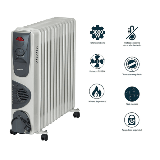 Radiador de óleo Infiniton HOT-300 com ventilador - 3000W, 3 níveis de potência, função Turbo