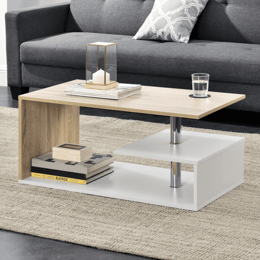Mesa de centro Haarlem com prateleira em aglomerado 90 x 50 x 41 cm - Efeito branco e carvalho en.casa