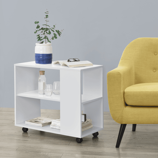 Mesa de centro Älvdalen com rodízios bloqueáveis e prateleira de aglomerado 60 x 70 x 35 cm - Branco en.casa