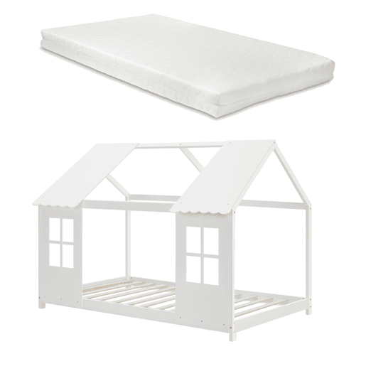 Cama de criança Tostedt em forma de casa com janelas e colchão 90 x 200 cm pinho - Branco en.casa