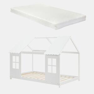 Cama de criança Tostedt em forma de casa com janelas e colchão 90 x 200 cm pinho - Branco en.casa