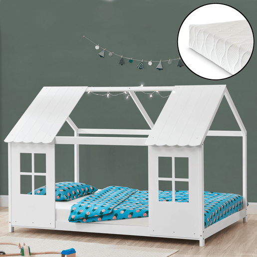 Cama de criança Tostedt em forma de casa com janelas e colchão 90 x 200 cm pinho - Branco en.casa
