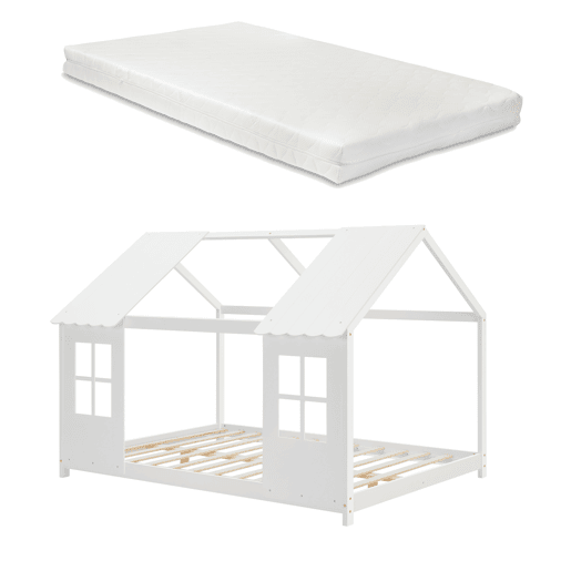 Cama de criança Tostedt em forma de casa com janelas e colchão 120 x 200 cm pinho - Branco en.casa