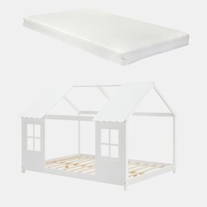 Cama de criança Tostedt em forma de casa com janelas e colchão 120 x 200 cm pinho - Branco en.casa