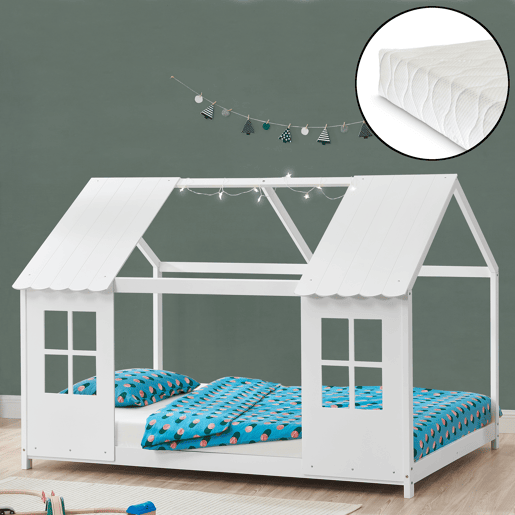 Cama de criança Tostedt em forma de casa com janelas e colchão 120 x 200 cm pinho - Branco en.casa