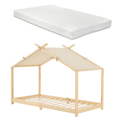 Cama de criança Brome em forma de casa com colchão e teto amovível em madeira de pinho 90 x 200 cm - Natural Bege en.casa