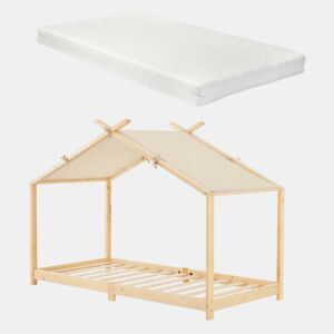 Cama de criança Brome em forma de casa com colchão e teto amovível em madeira de pinho 90 x 200 cm - Natural Bege en.casa