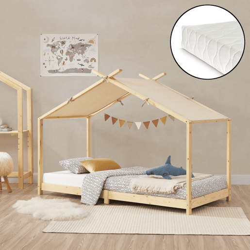 Cama de criança Brome em forma de casa com colchão e teto amovível em madeira de pinho 90 x 200 cm - Natural Bege en.casa