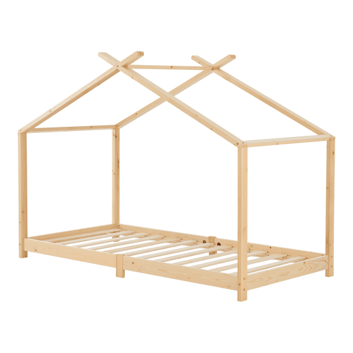Cama de criança Brome em forma de casa com colchão e teto amovível em madeira de pinho 90 x 200 cm - Natural Bege en.casa