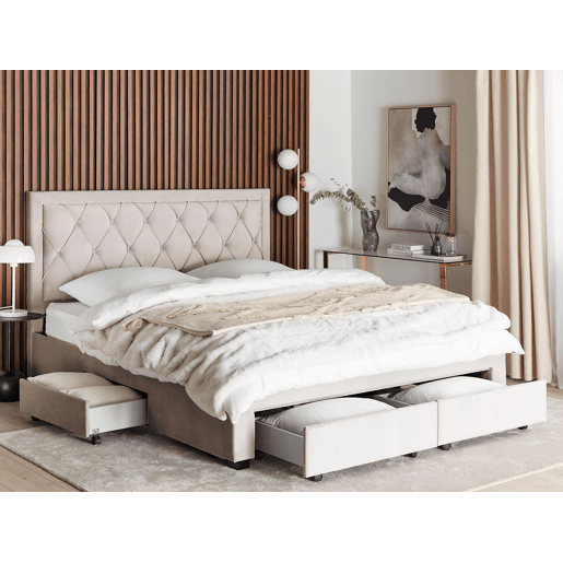 Cama com gavetas de arrumação Veludo LIEVIN 180 x 200 cm Creme
