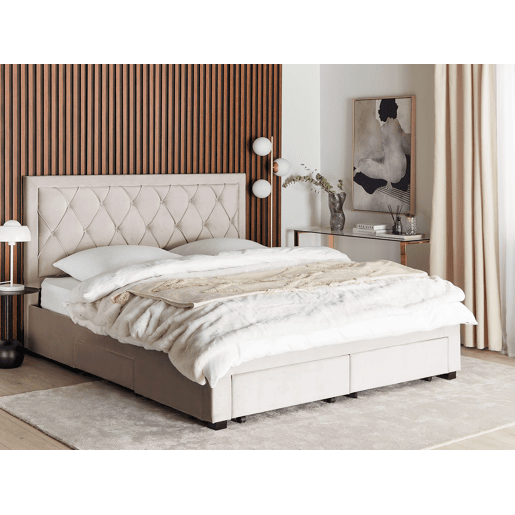 Cama com gavetas de arrumação Veludo LIEVIN 180 x 200 cm Creme