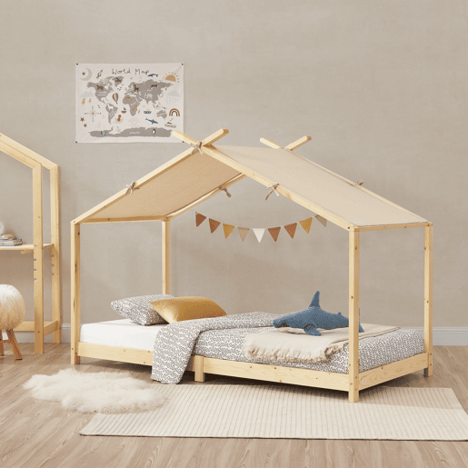 Cama de criança Brome em forma de casa com teto amovível em madeira de pinho 90 x 200 cm - Natural e Bege en.casa