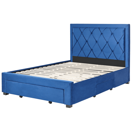 Cama com gavetas de arrumação Veludo LIEVIN 140 x 200 cm Azul marinho