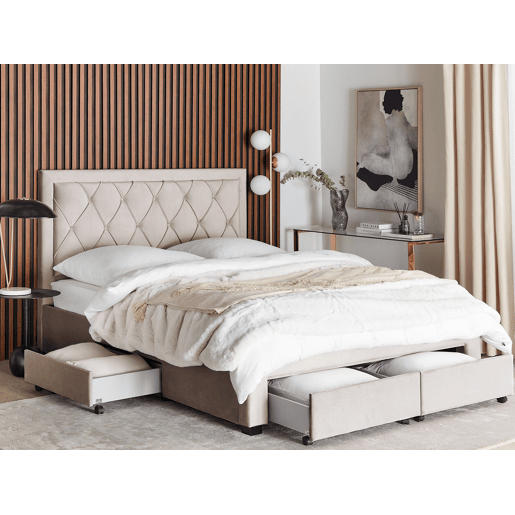 Cama com gavetas de arrumação Veludo LIEVIN 160 x 200 cm Creme