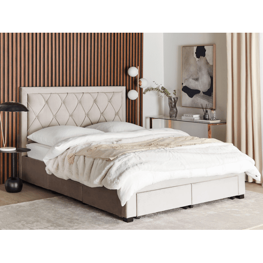 Cama com gavetas de arrumação Veludo LIEVIN 160 x 200 cm Creme