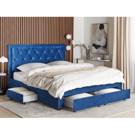 Cama com gavetas de arrumação Veludo LIEVIN 180 x 200 cm Azul marinho