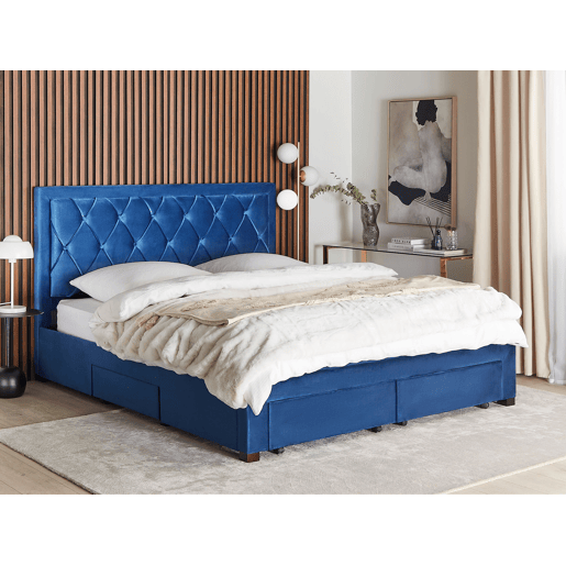 Cama com gavetas de arrumação Veludo LIEVIN 180 x 200 cm Azul marinho