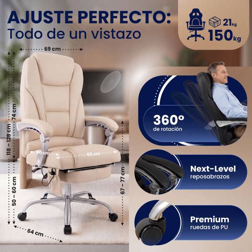Sillon de oficina Pacific con funcion de masaje Cuero auténtico Crema 64X69X118 cm