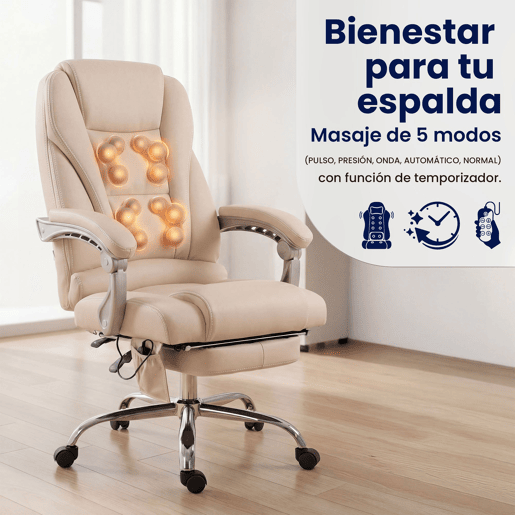 Sillon de oficina Pacific con funcion de masaje Cuero auténtico Crema 64X69X118 cm