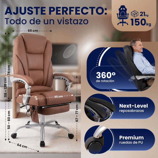 Sillon de oficina Pacific con funcion de masaje Cuero auténtico Marrón claro 64X69X118 cm