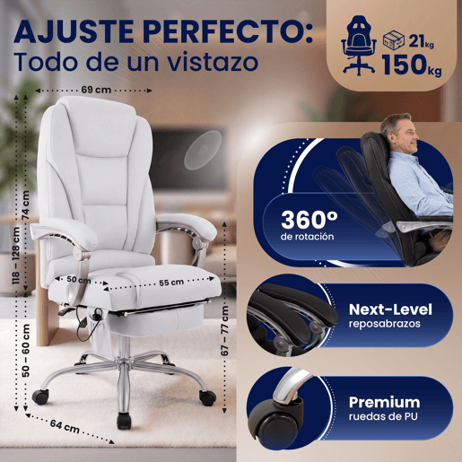 Sillon de oficina Pacific con funcion de masaje Cuero auténtico Blanco 64X69X118 cm