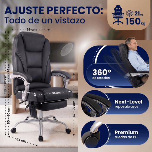 Sillon de oficina Pacific con funcion de masaje Cuero auténtico Negro 64X69X118 cm
