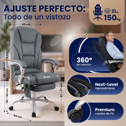 Sillon de oficina Pacific con funcion de masaje Cuero auténtico Gris 64X69X118 cm