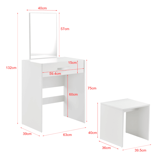 Conjunto de toucador Reykjavik Mesa de maquilhagem com espelho e banco - 132 x 63 x 39 cm - Branco en.casa