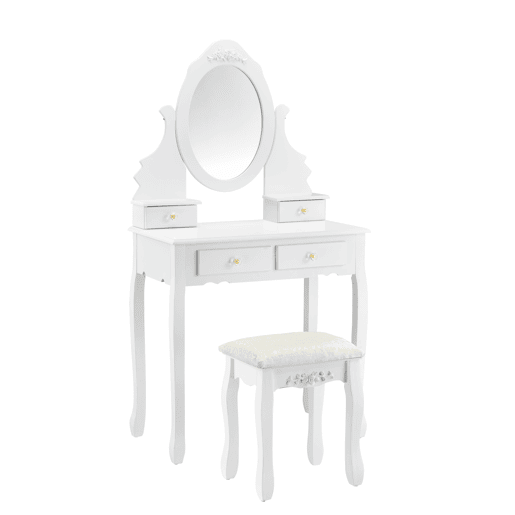 Conjunto de toucador Limerick - Mesa de maquilhagem com espelho e banco almofadado em MDF 141 x 75 x 40cm - Branco en.casa