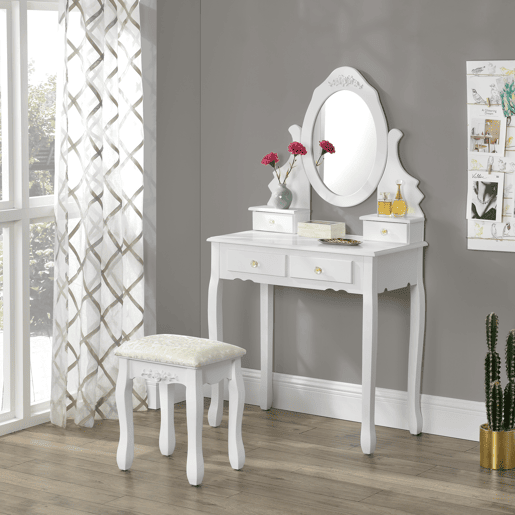 Conjunto de toucador Limerick - Mesa de maquilhagem com espelho e banco almofadado em MDF 141 x 75 x 40cm - Branco en.casa