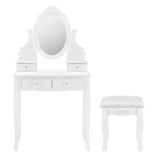 Conjunto de toucador Limerick - Mesa de maquilhagem com espelho e banco almofadado em MDF 141 x 75 x 40cm - Branco en.casa