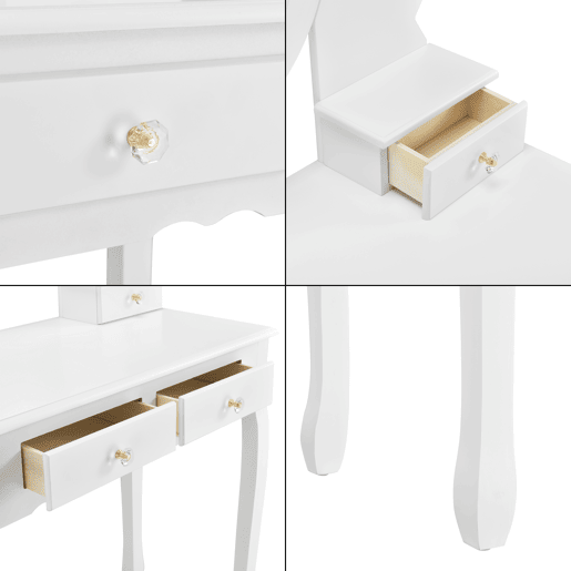 Conjunto de toucador Limerick - Mesa de maquilhagem com espelho e banco almofadado em MDF 141 x 75 x 40cm - Branco en.casa