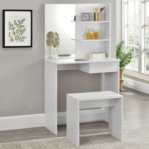 Conjunto de toucador Katrineholm Mesa de maquilhagem Katrineholm com espelho e banco MDF 141 x 75 x 39,7 cm - Branco en.casa