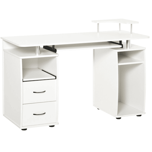 HOMCOM Mesa de Computador Mesa de Escritório com Múltiplas Prateleiras 2 Gavetas Bandeja de Teclado e Suporte para Monitor e CPU 120x55x85 cm Branco
