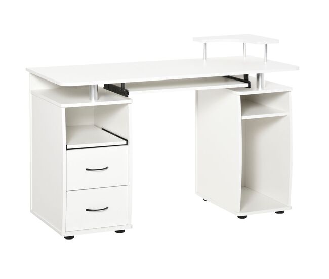 Homcom escritorio con estanterías mesa de ordenador con 2 cajones bandeja de teclado extraíble y soporte para monitor cpu para oficina estudio 120x55x85 cm blanco